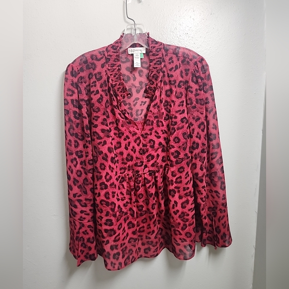 Neiman Marcus Women's Georgette Animal Printed Mock-Neck Blouse Size Large